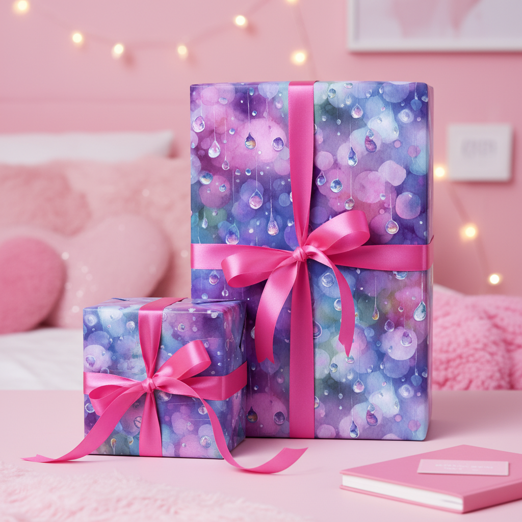 Two gifts wrapped in purple rain-themed birthday wrapping paper with bright pink satin ribbon.