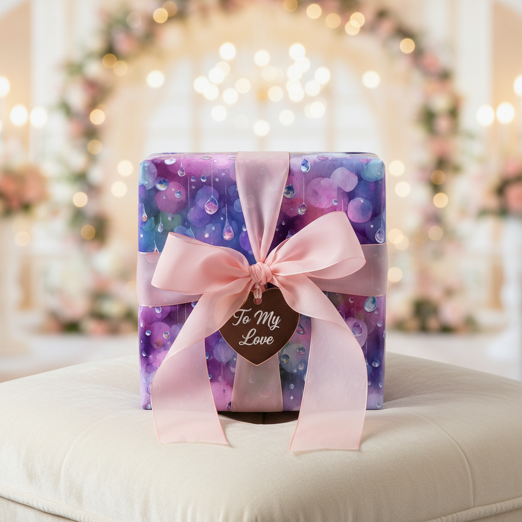 Elegant gift wrapped in purple abstract wrapping paper with a pink ribbon and "To My Love" tag.