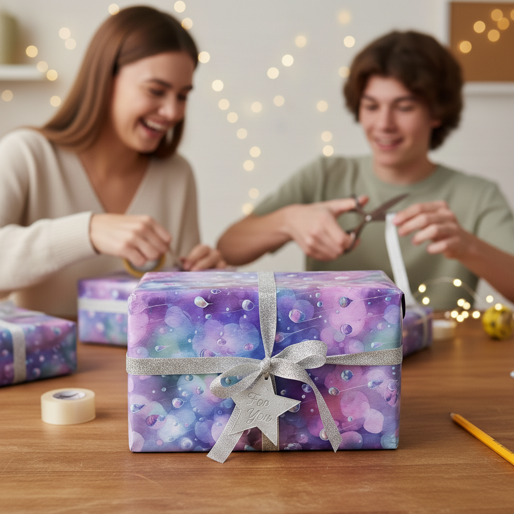 People wrapping gifts with purple galaxy wrapping paper, silver ribbon, and "For You" tag.