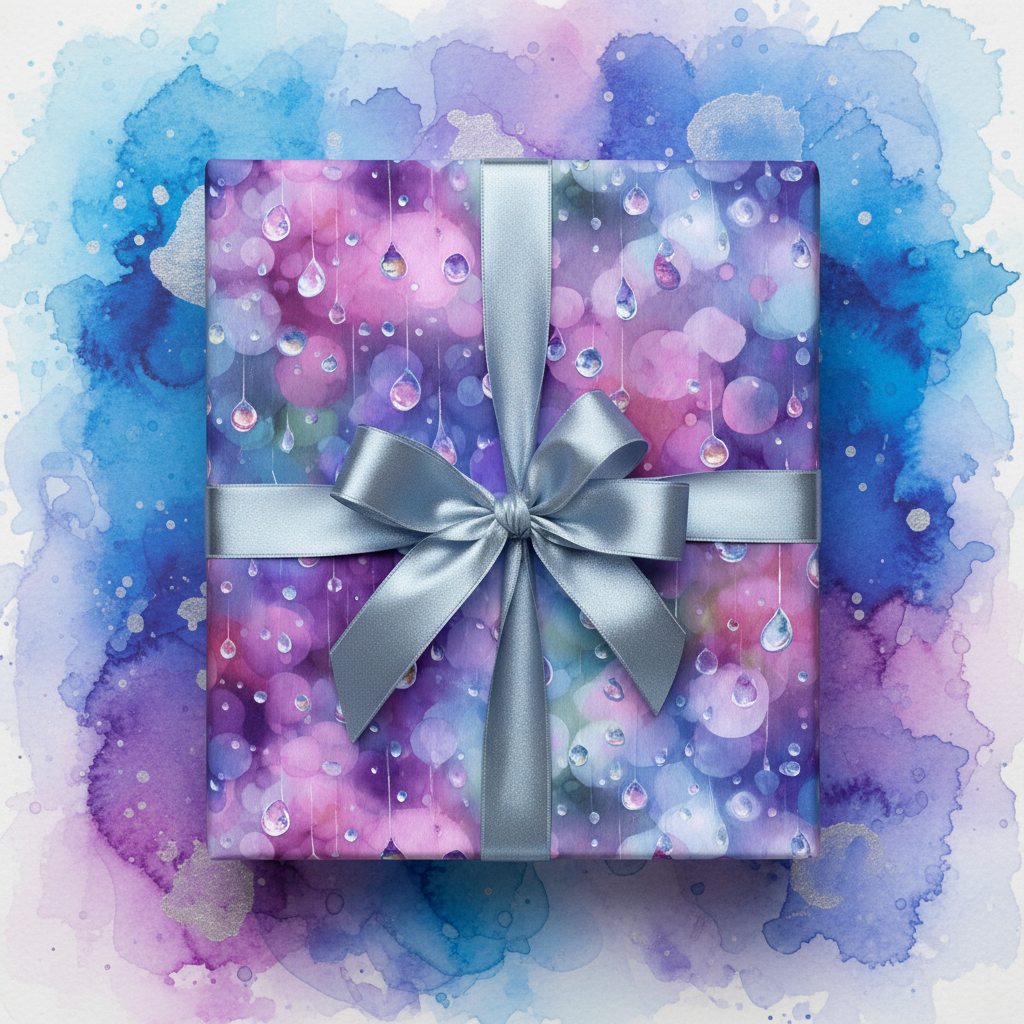 Modern gift wrapped in watercolor raindrop wrapping paper with a silver bow.