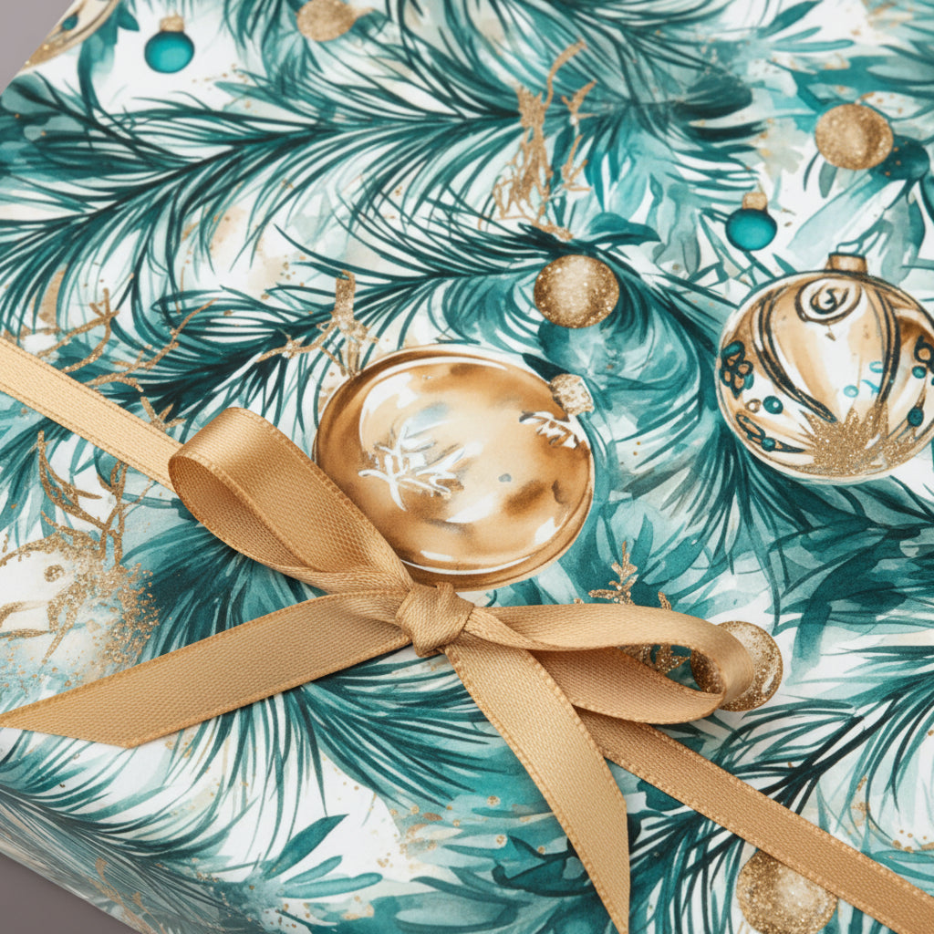 Elegant Christmas wrapping paper with gold bow, featuring ornaments and teal pine boughs. Wrapped Studios.