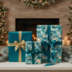 Teal Christmas wrapping paper with gold ribbon and festive patterned gift wrap, perfect for holiday gifting.