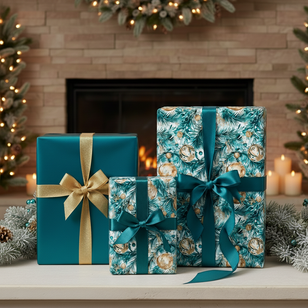 Teal Christmas wrapping paper with gold ribbon and festive patterned gift wrap, perfect for holiday gifting.