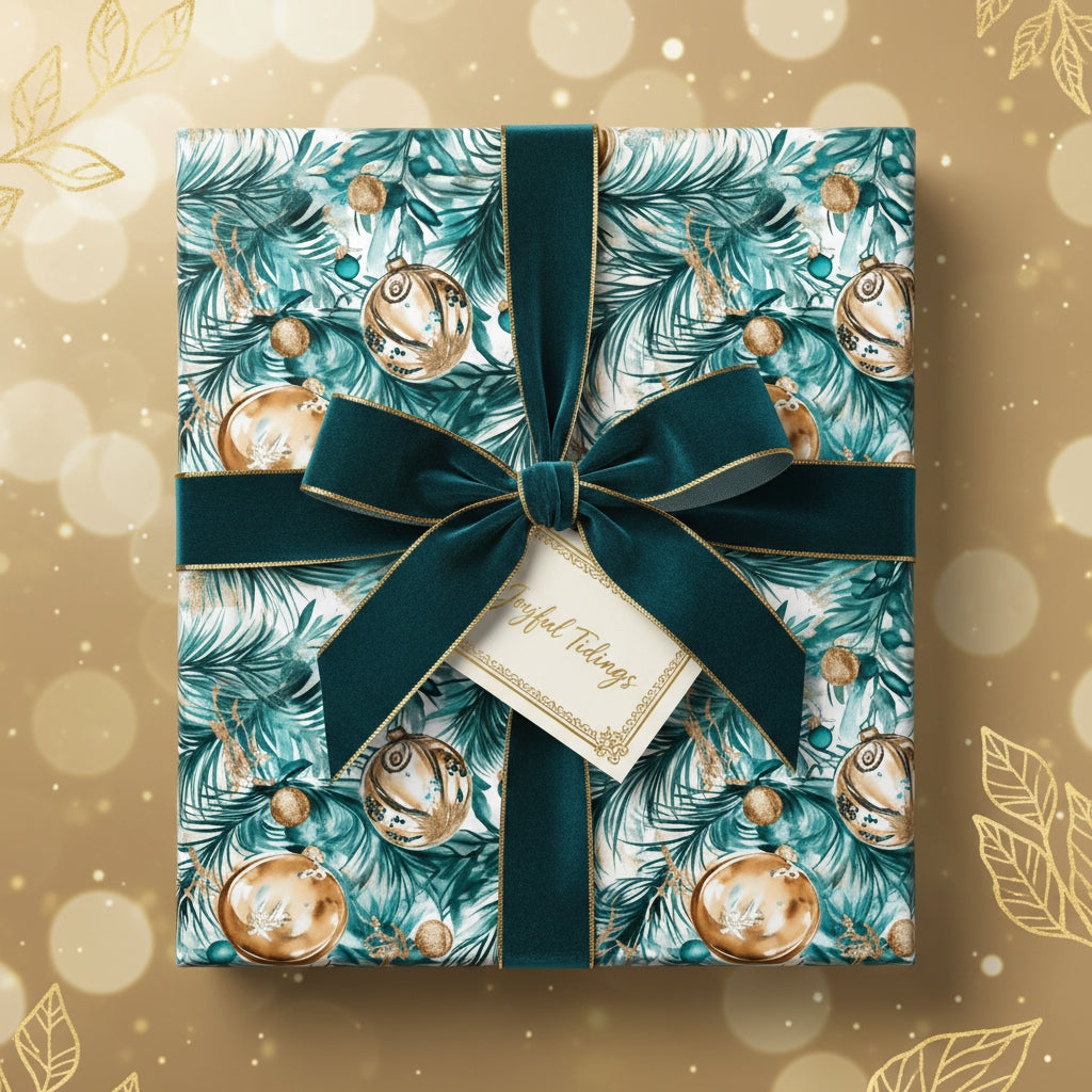 Elegant Christmas gift wrap with festive ornament pattern and a velvet bow.