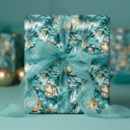 Teal Christmas gift wrap with gold ornament design and matching ribbon from Wrapped Studios.