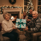 Elderly couple exchanging a Christmas gift wrapped in festive ornament patterned paper with a dark green satin ribbon.