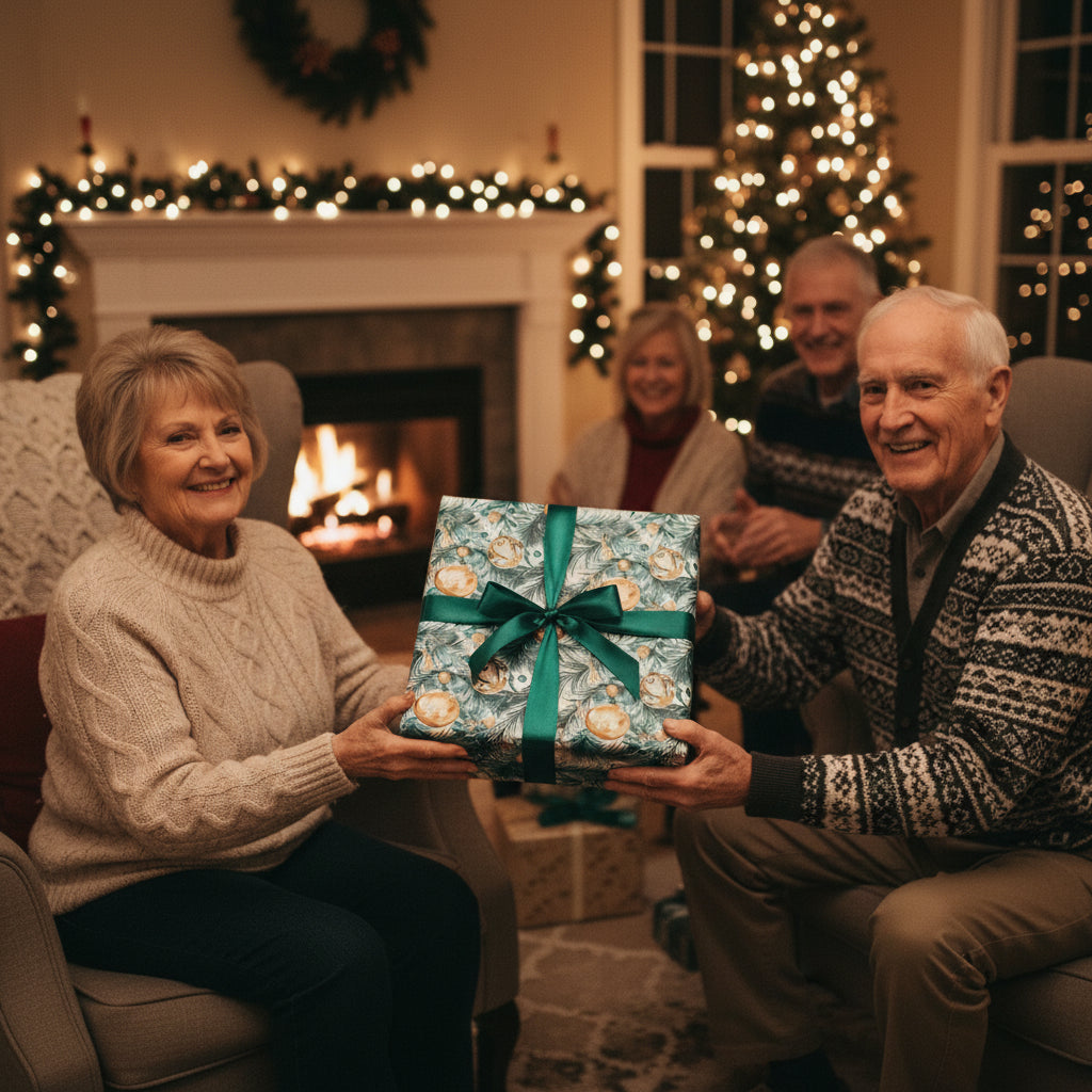 Elderly couple exchanging a Christmas gift wrapped in festive ornament patterned paper with a dark green satin ribbon.