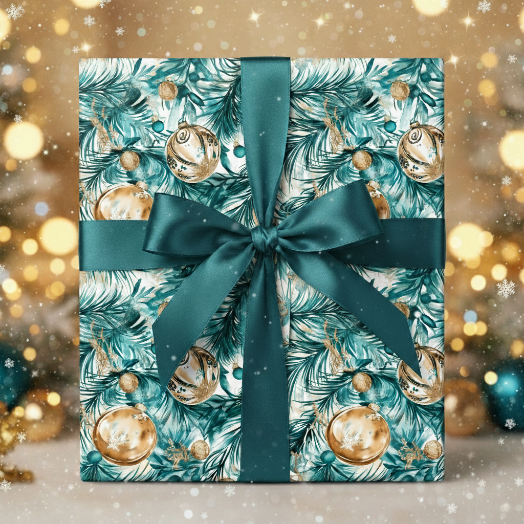 Square gift wrapped in festive Christmas wrapping paper with ornament and pine branch pattern, tied with dark green satin ribbon.