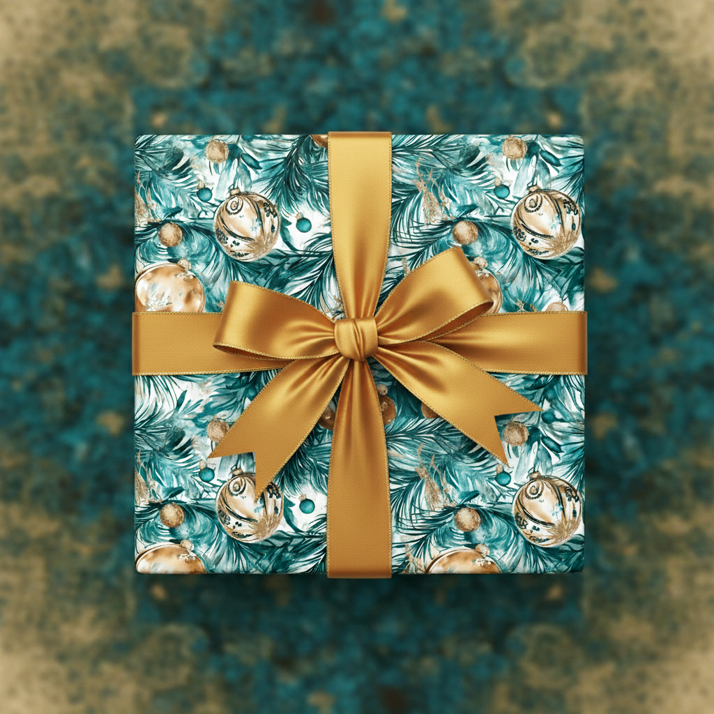 Teal Christmas gift wrap featuring gold ribbon and ornament pattern, Wrapped Studios.