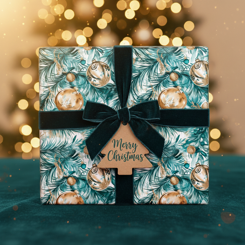 Elegant Christmas gift wrap with a festive teal and gold ornament pattern and velvet ribbon.