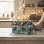 Elegant teal Christmas gift wrap with pine needles and ornaments, silver ribbon, by Wrapped Studios.