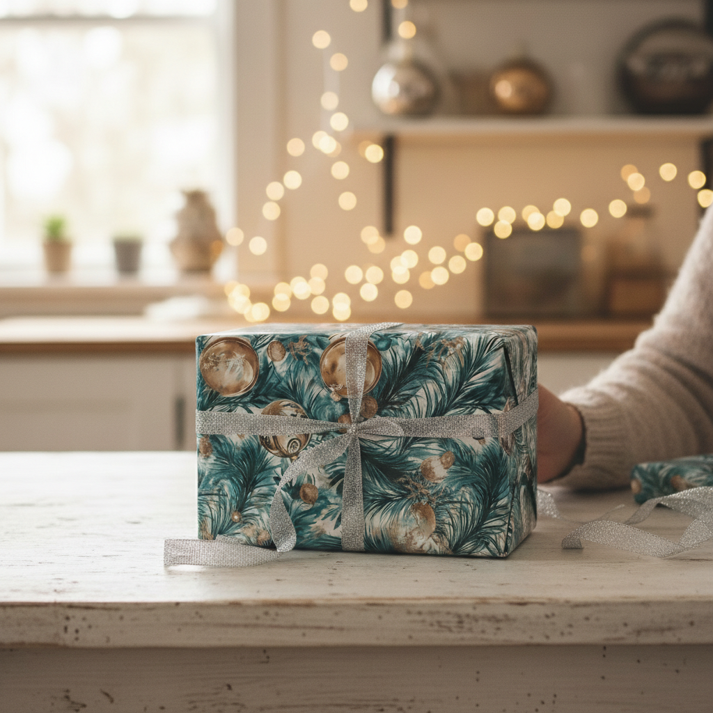 Elegant teal Christmas gift wrap with pine needles and ornaments, silver ribbon, by Wrapped Studios.