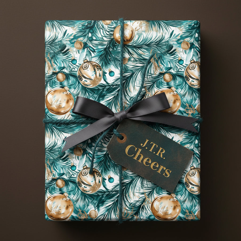 Elegant Christmas gift wrapped in teal and gold ornament paper with a dark gray ribbon from Wrapped Studios.