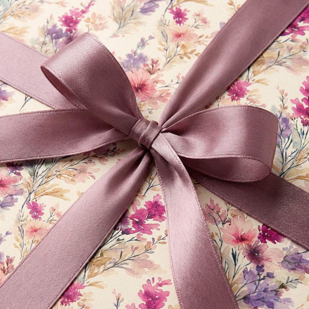 Wrapped Studios floral wrapping paper with mauve satin ribbon bow.