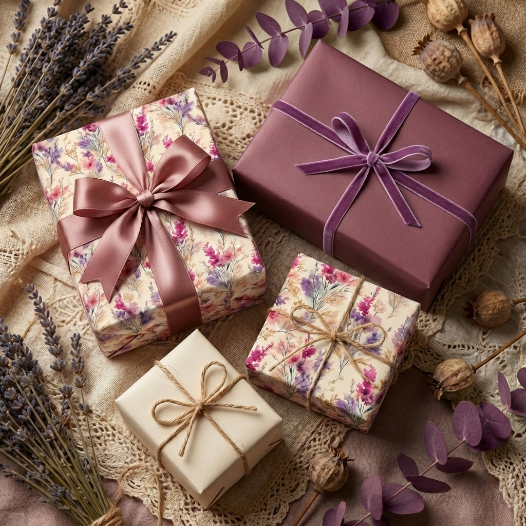 Elegant gifts wrapped in floral and solid mauve paper with velvet and satin ribbons.