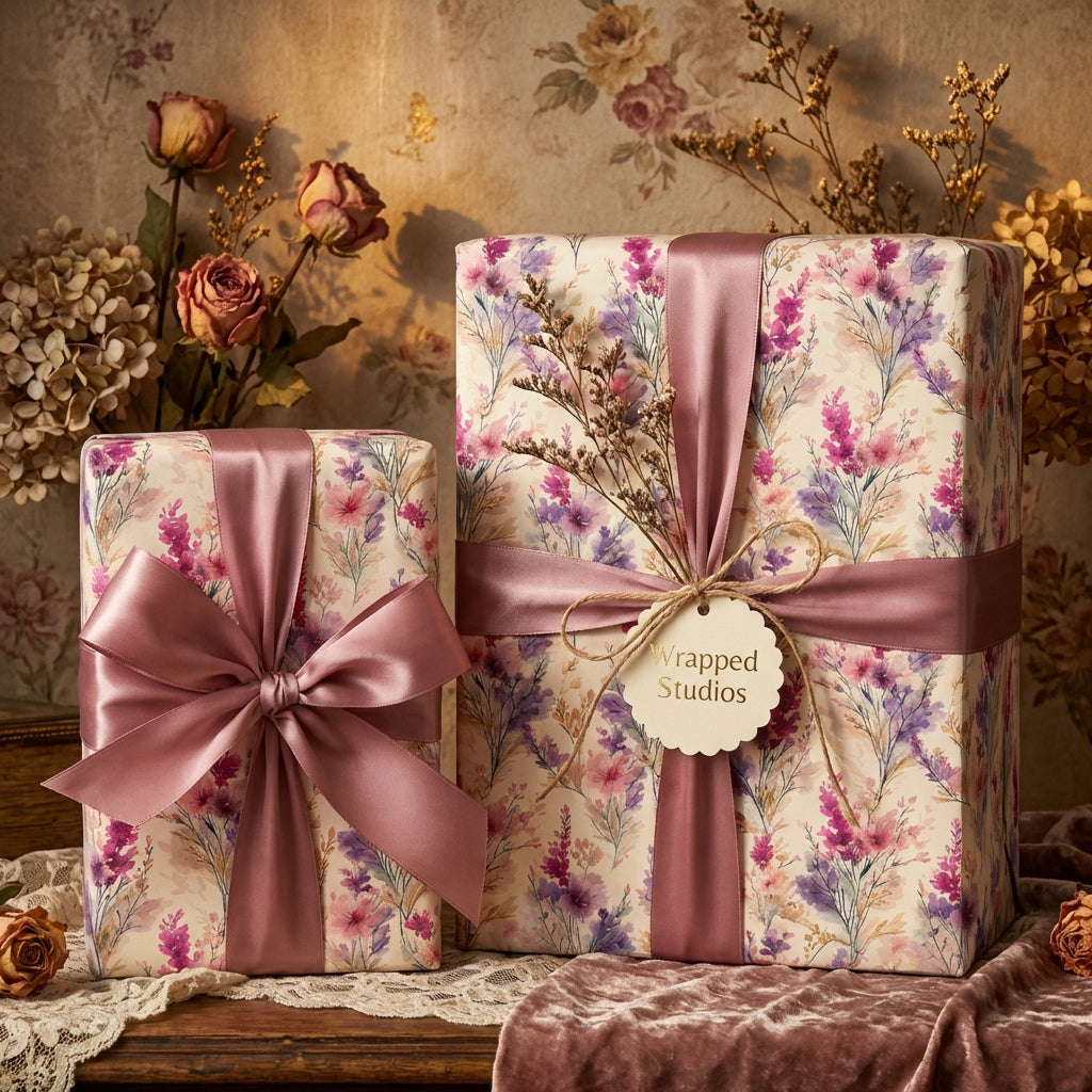 Wrapped Studios floral wrapping paper with a silky mauve ribbon on a gift box. Elegant gift wrap.
