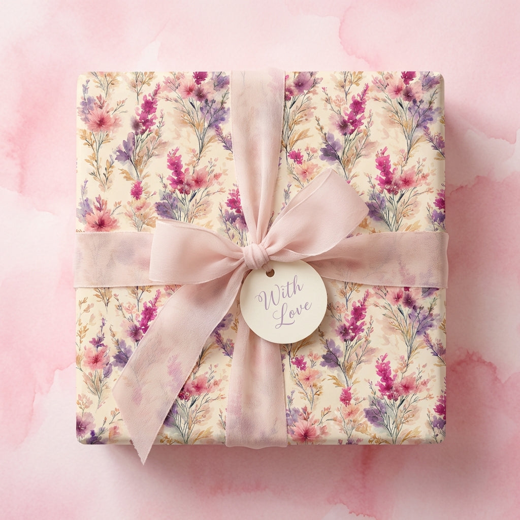 Gift box wrapped in floral wrapping paper with pink ribbon and "With Love" tag.