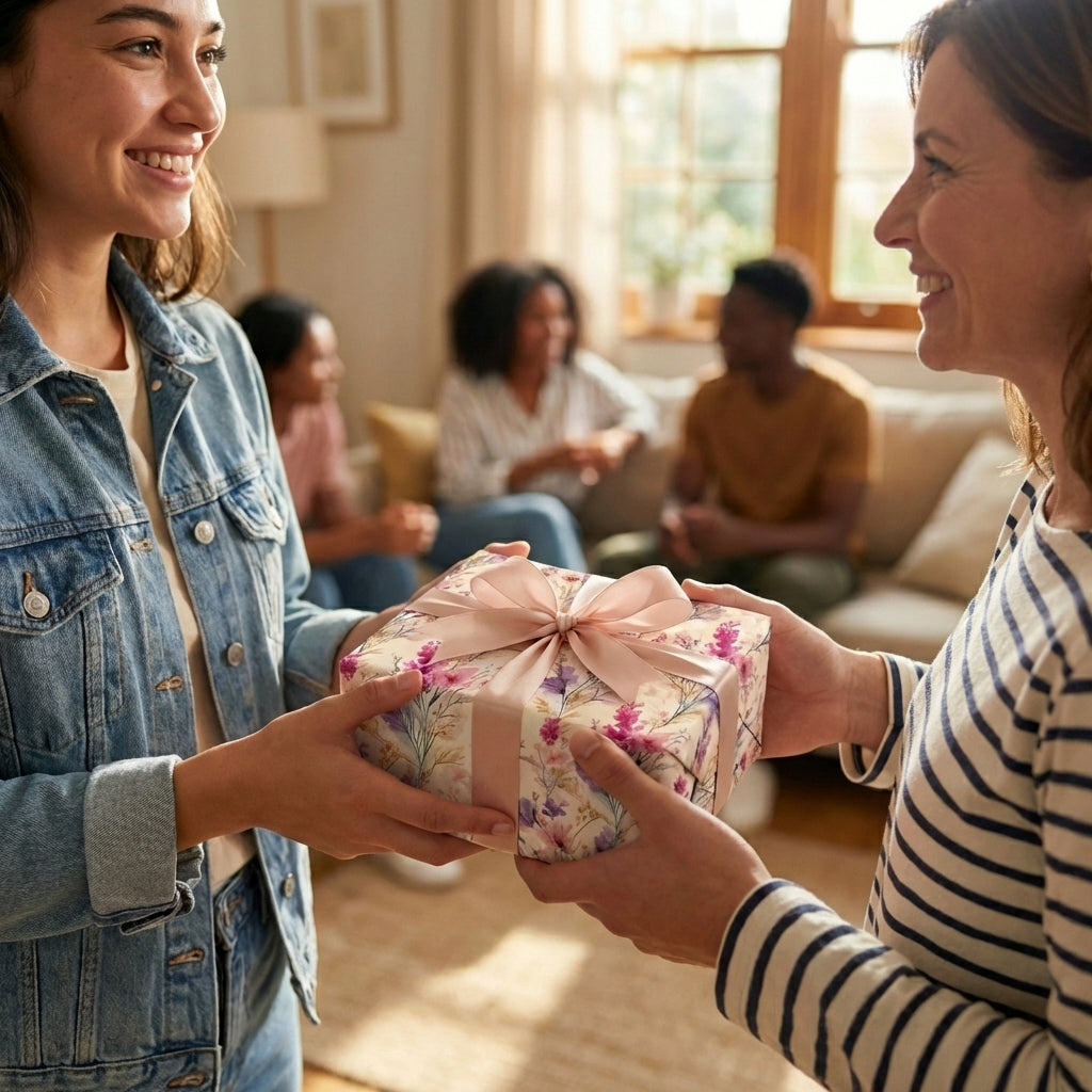 Woman exchanging a gift wrapped in floral birthday wrapping paper, tied with a pink ribbon bow.