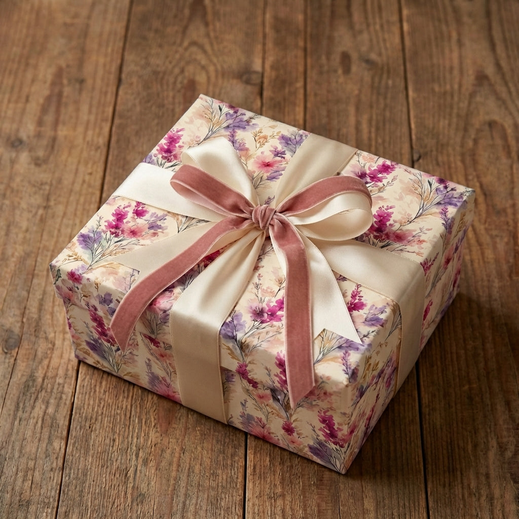 Elegant gift wrapped in floral birthday wrapping paper with a velvet and satin bow.