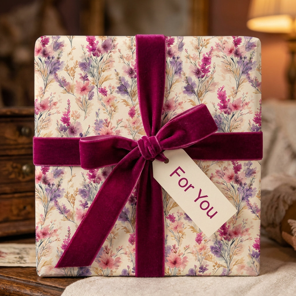 Elegant gift with floral wrapping paper and a rich velvet ribbon; perfect for any special occasion.