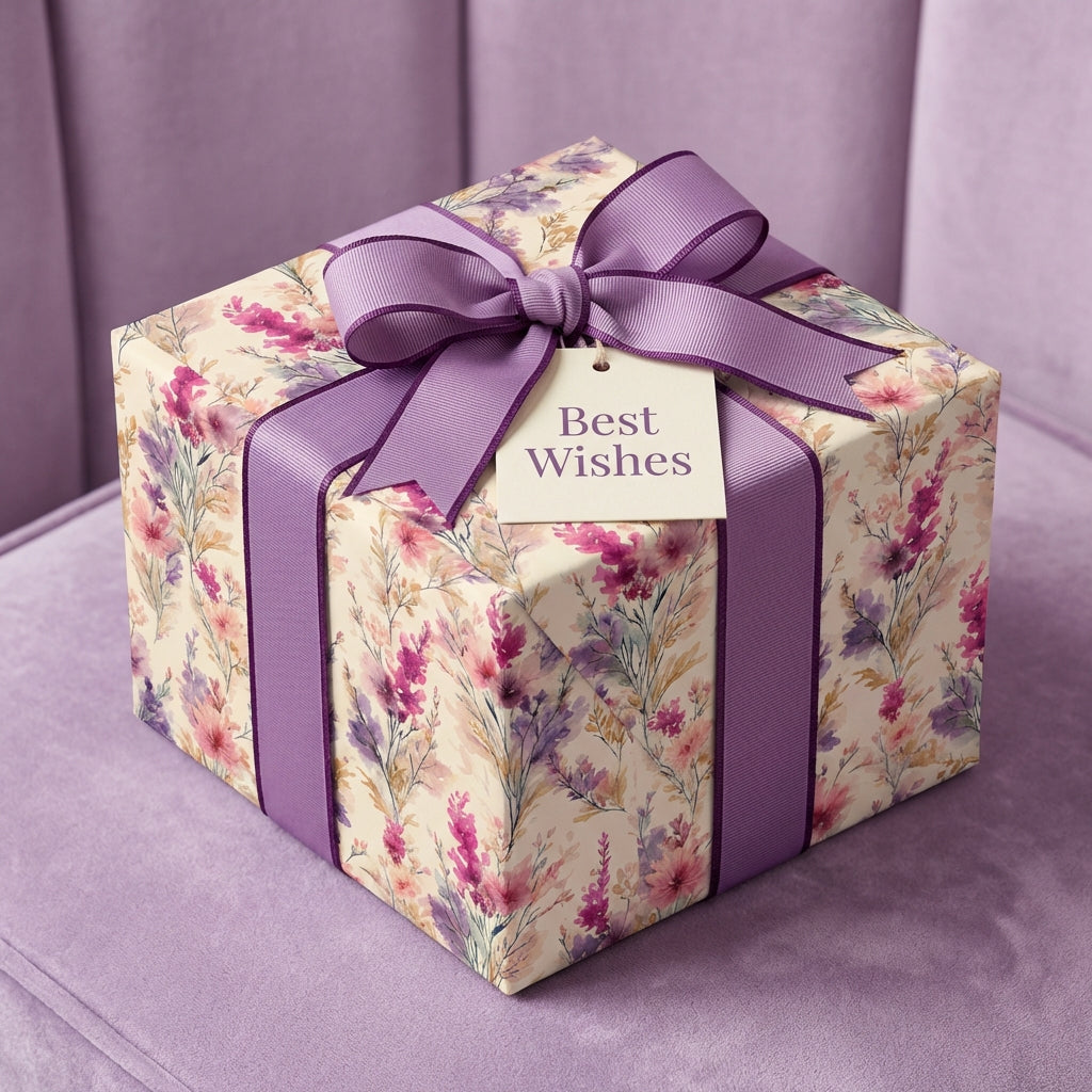 Elegant floral wrapping paper with a purple ribbon and "Best Wishes" tag from Wrapped Studios.