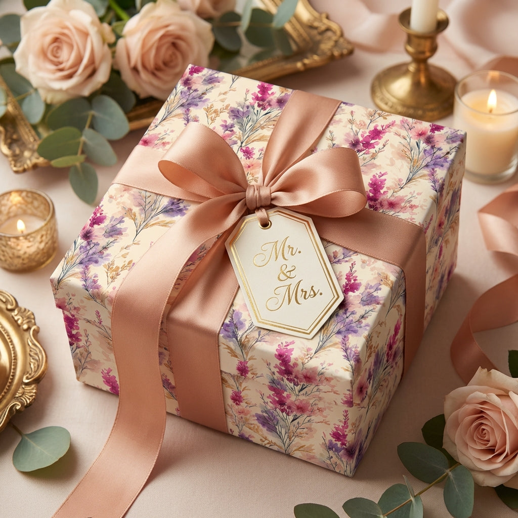 Elegant floral wedding gift wrapped in luxury floral wrapping paper with a peach satin ribbon.