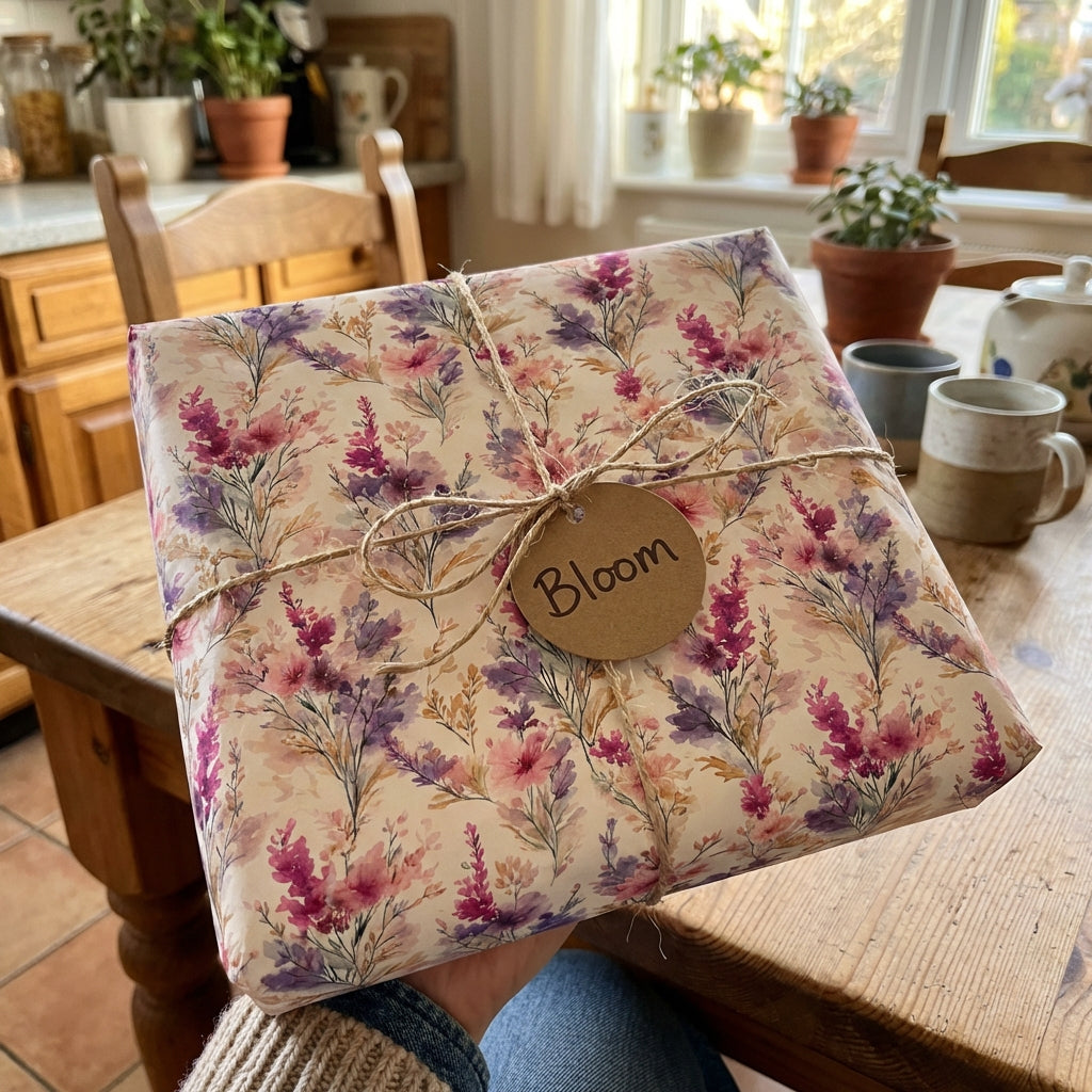 Hand holding a gift wrapped in floral wrapping paper with twine and “Bloom” tag.