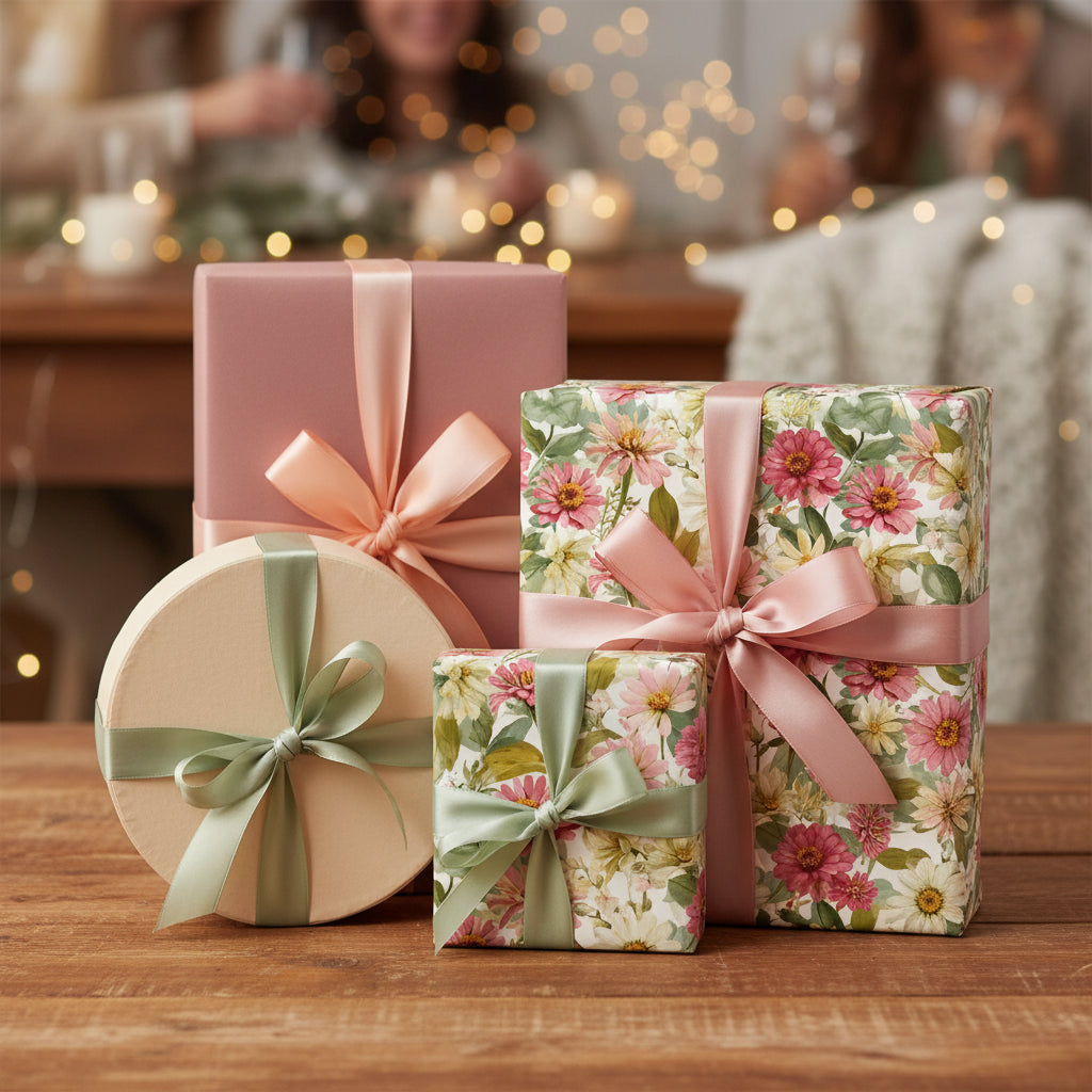 Elegant floral wrapping paper with pink and sage ribbons on assorted gift boxes, suitable for birthday or holiday presents.