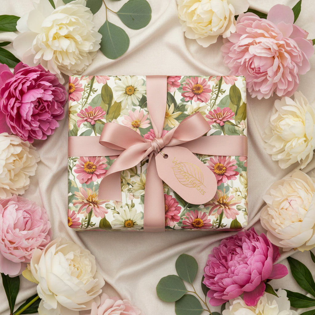 Elegant floral wrapping paper with pink ribbon and gift tag, surrounded by pink and white peony flowers.