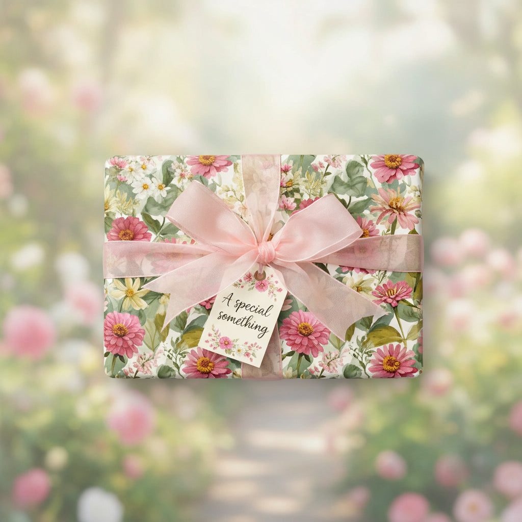Elegant gift wrapped in floral wrapping paper with a light pink bow, perfect for birthdays or special occasions.