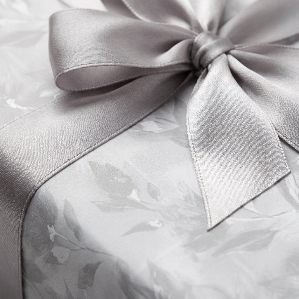 Elegant grey watercolor floral wrapping paper tied with a silver satin bow by Wrapped Studios.