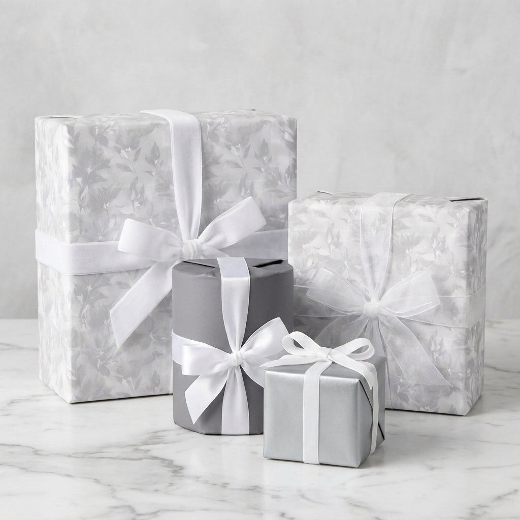 Luxury gray floral wrapping paper on wedding gift boxes with white ribbons by Wrapped Studios.