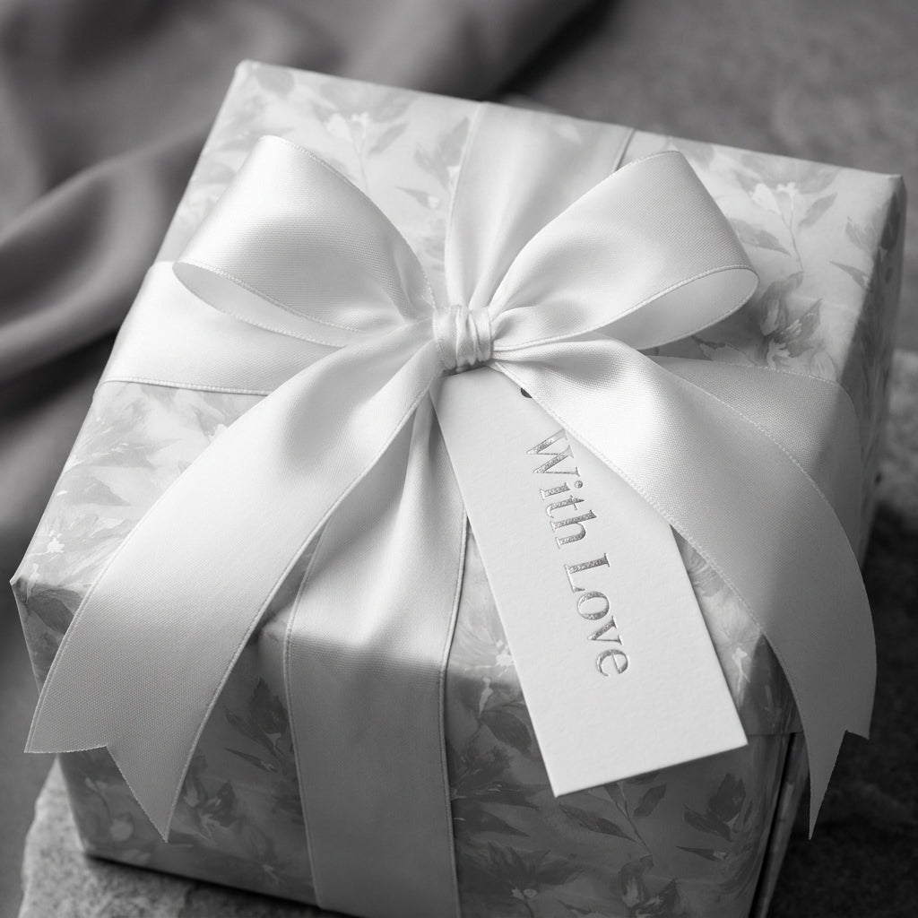 Luxury floral wrapping paper with a white satin bow and 'With Love' tag by Wrapped Studios.
