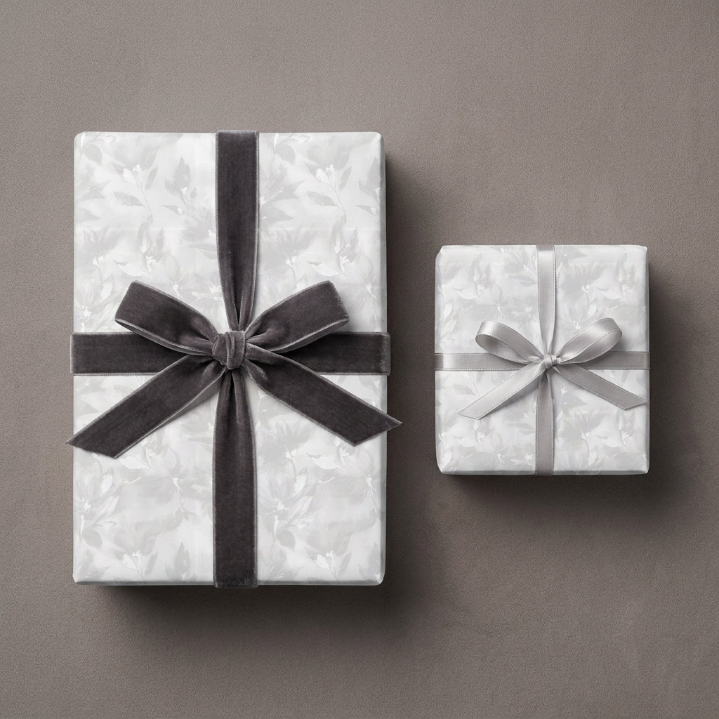 Elegant floral wrapping paper with grey velvet ribbon on gift boxes by Wrapped Studios.
