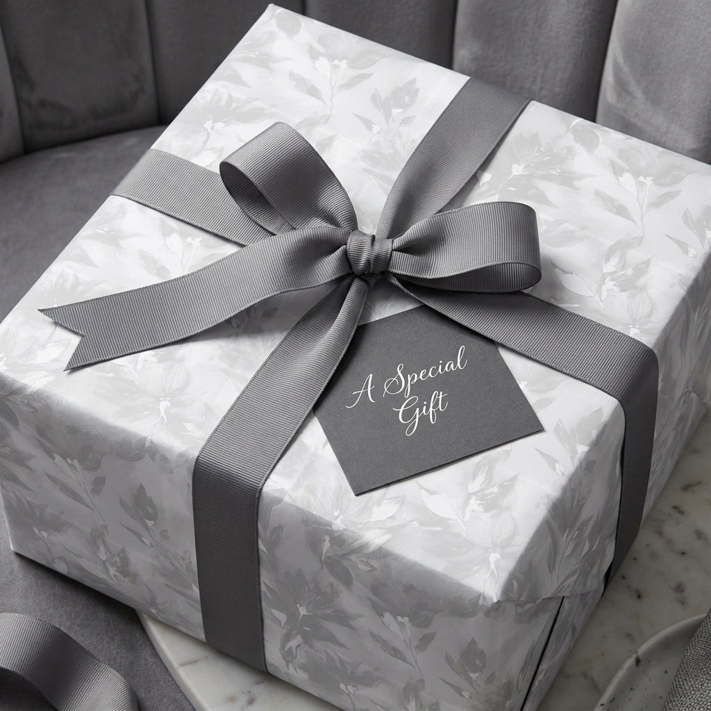 Luxury gray floral gift wrap with elegant ribbon and tag on a wedding gift box, by Wrapped Studios.