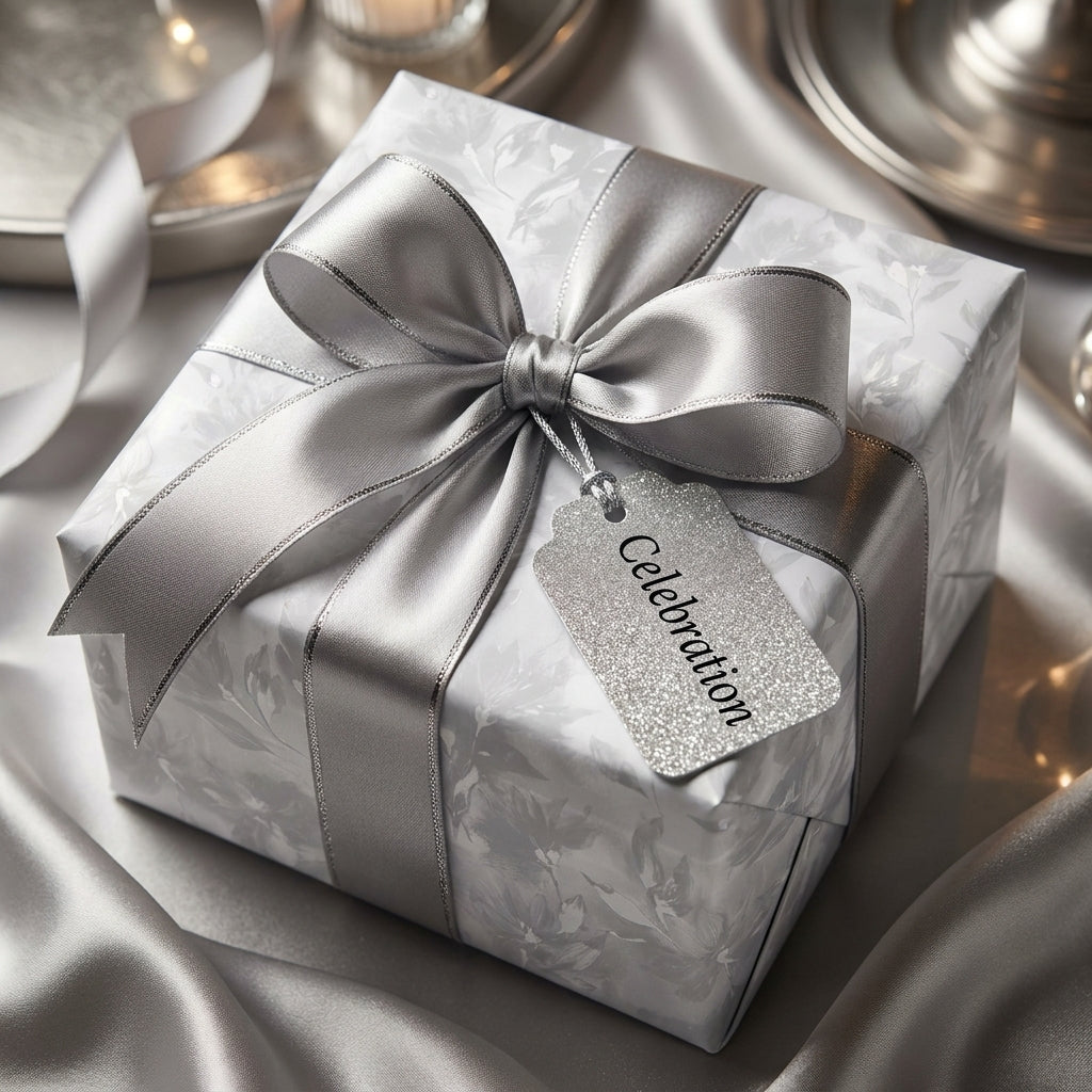 Luxury silver floral wrapping paper with a satin bow and celebration tag by Wrapped Studios.