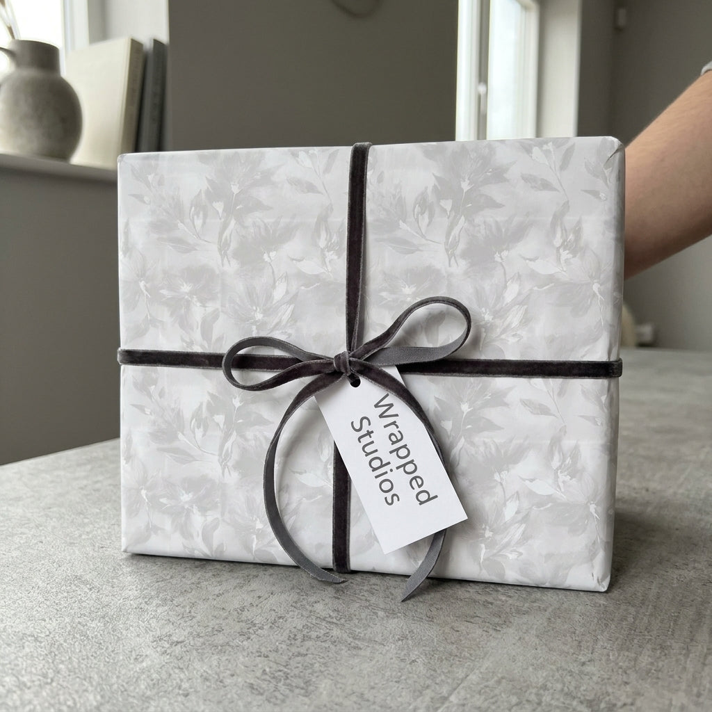 Elegant grey floral wrapping paper by Wrapped Studios on a gift box tied with a dark velvet bow.