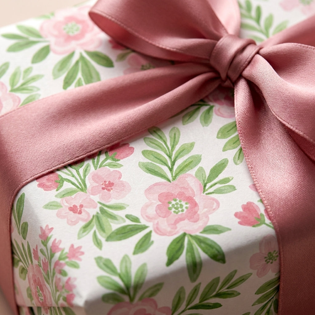 Luxury floral wrapping paper with pink watercolor flowers and a satin bow by Wrapped Studios.