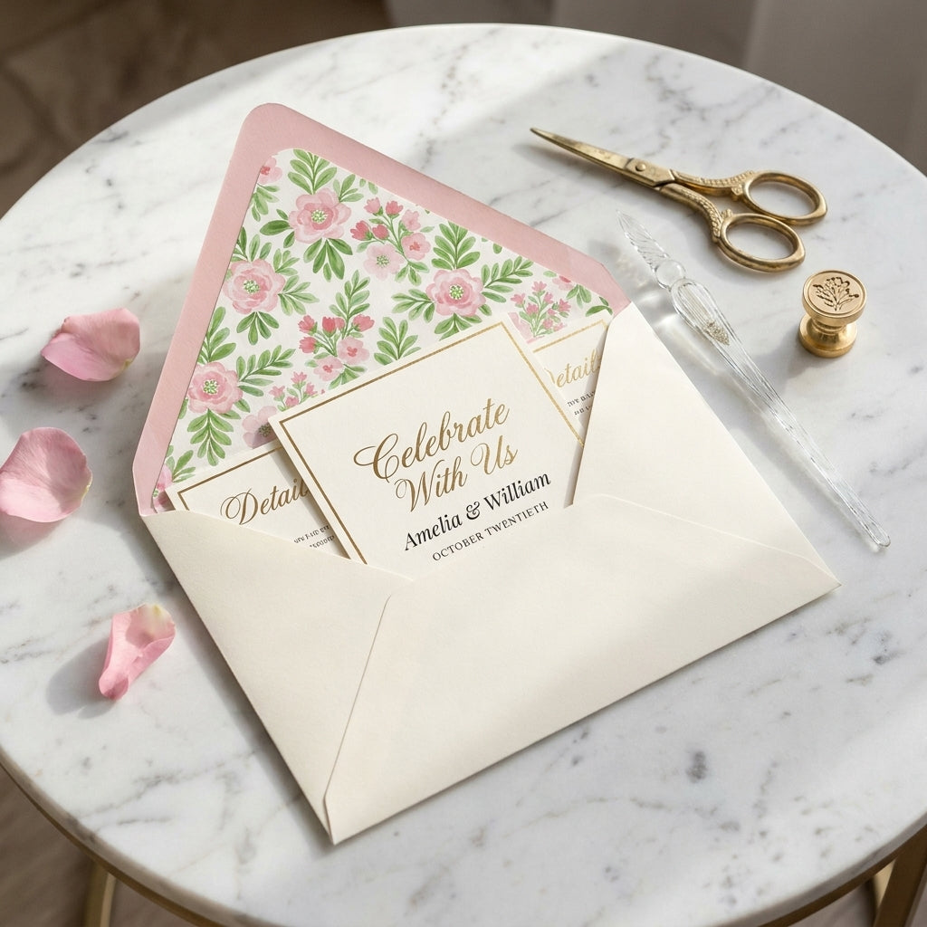 Elegant pink floral envelope liner and wedding invitation on marble by Wrapped Studios.