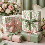 Elegant pink floral wrapping paper and luxury gift wrap with velvet ribbons by Wrapped Studios.