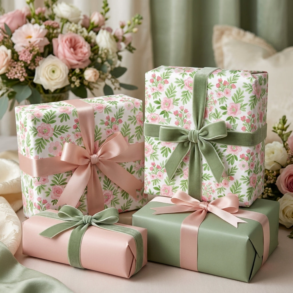 Elegant pink floral wrapping paper and luxury gift wrap with velvet ribbons by Wrapped Studios.