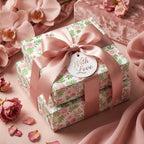 Luxury floral wrapping paper with a pink satin bow and "With Love" tag by Wrapped Studios.
