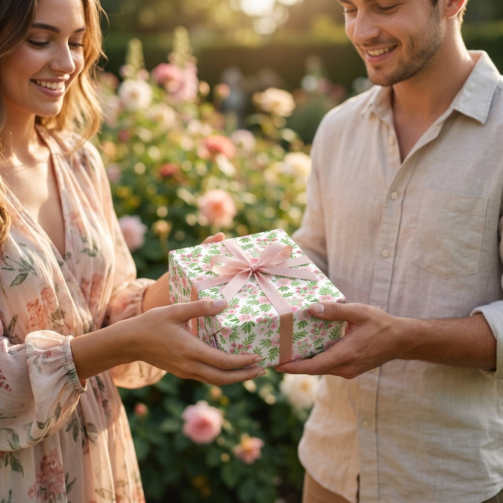 Couple exchanging a gift in pink floral wrapping paper by Wrapped Studios in a garden.