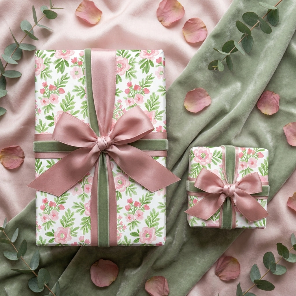 Luxury pink floral wrapping paper with dusty rose and sage green velvet bows by Wrapped Studios.