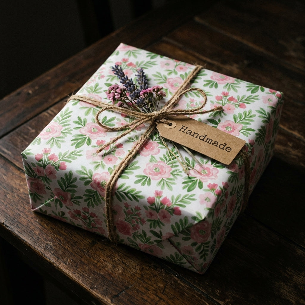 Rustic pink floral wrapping paper on a gift box with twine bow and handmade tag by Wrapped Studios.