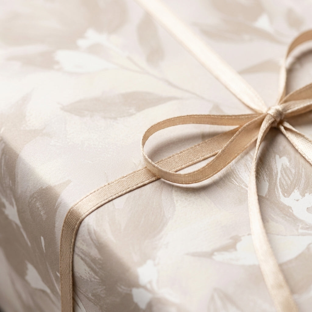 Elegant floral wrapping paper with champagne ribbon, luxury wedding gift wrap by Wrapped Studios.