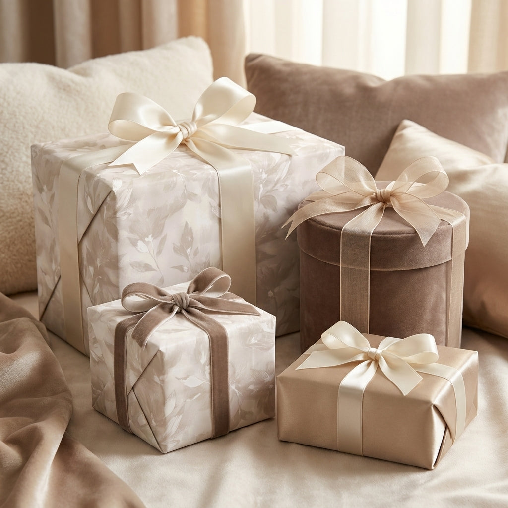 Luxury floral wrapping paper and neutral gift boxes with elegant satin bows by Wrapped Studios.