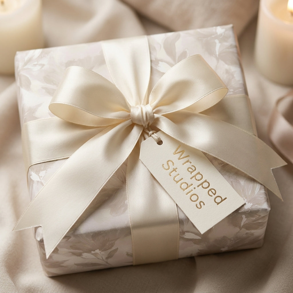 Luxury floral wrapping paper in elegant cream with an ivory satin bow and Wrapped Studios tag.