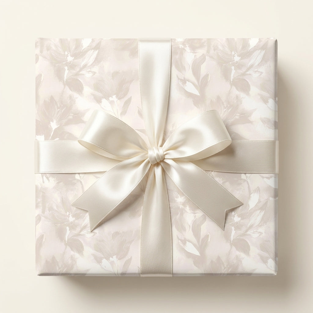 Elegant cream floral wrapping paper with a satin bow, perfect for luxury wedding gift wrap by Wrapped Studios.