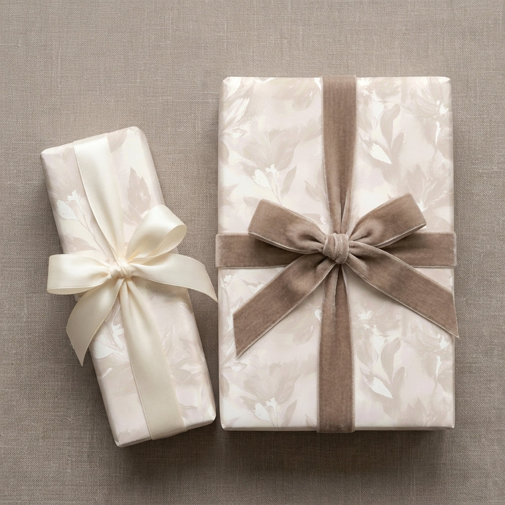Elegant floral wrapping paper with velvet and satin bows on cream gift boxes by Wrapped Studios.
